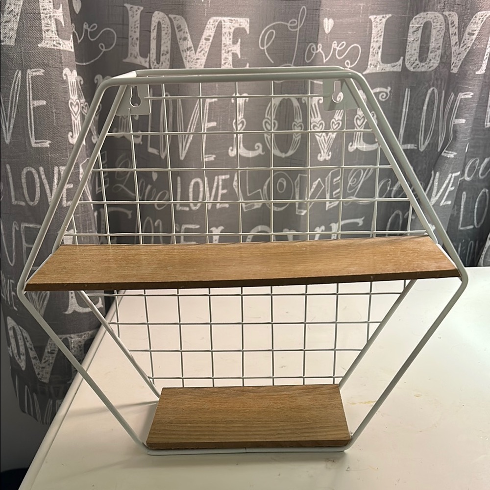 White Metal and Wood Hexagonal Shelf